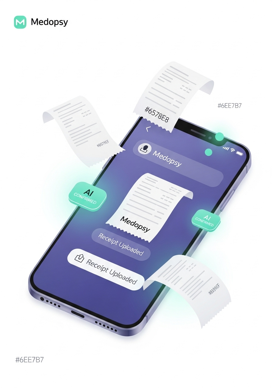Messaging interface confirming a receipt upload to Medopsy